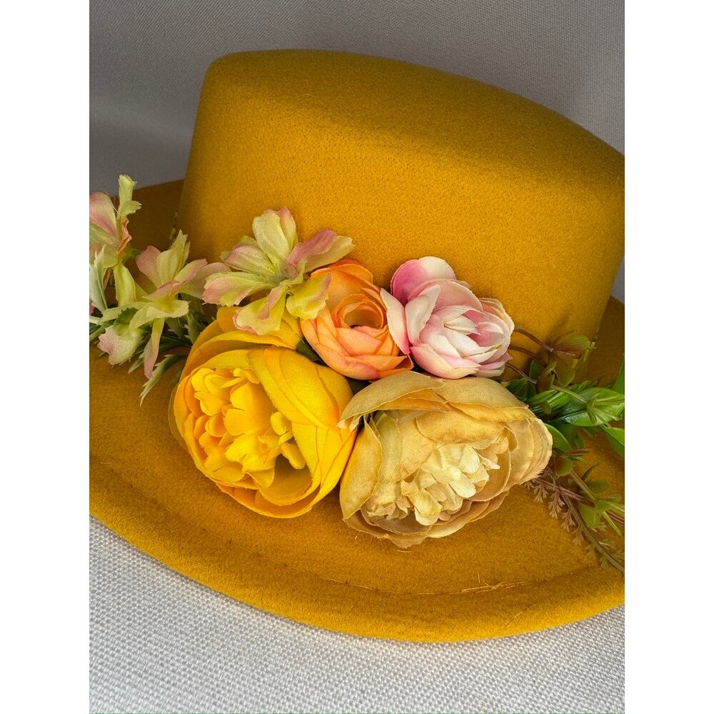 449. Mustard Yellow Floral Derby Boater Hat Wide Brim One Size - Picture 2 of 8